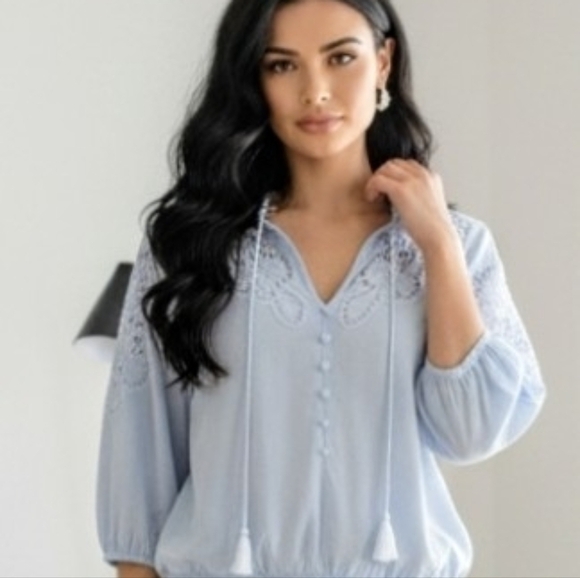 VENUS Tops - VENUS Light Blue Lace Accent Blouse